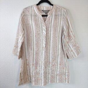 Sandpoint by Coldwater Creek Embroidered Stripe Linen Tunic Top Size XS